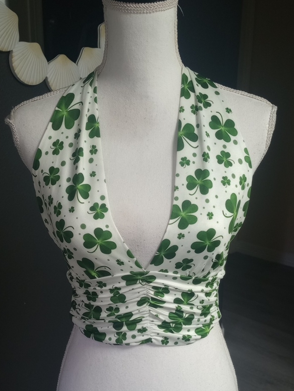 Feeling Lucky? Green Clover-Print Halter Crop Top